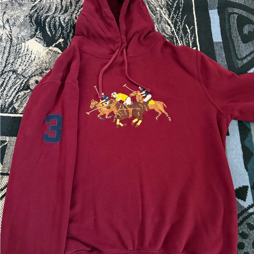 Polo Ralph Lauren #3 Triple-Equestrian Embroidered Burgundy/Tan Pullover Hoodie